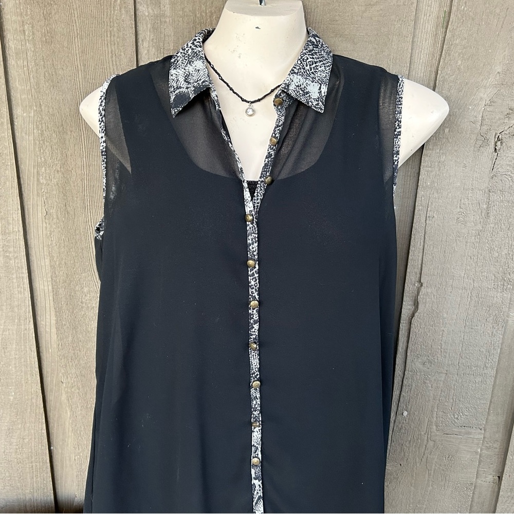 Black sheer blouse with animal print trim